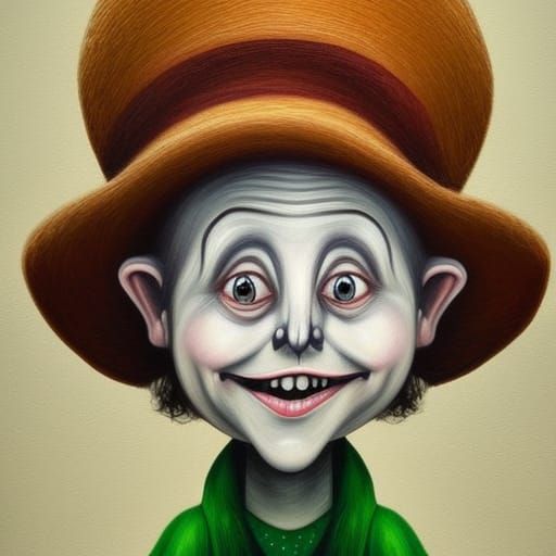Hat wearing Leprechaun face portrait, smiling buck teeth, cute, cheeky looking exaggerated features, by Tim Burton by ar...