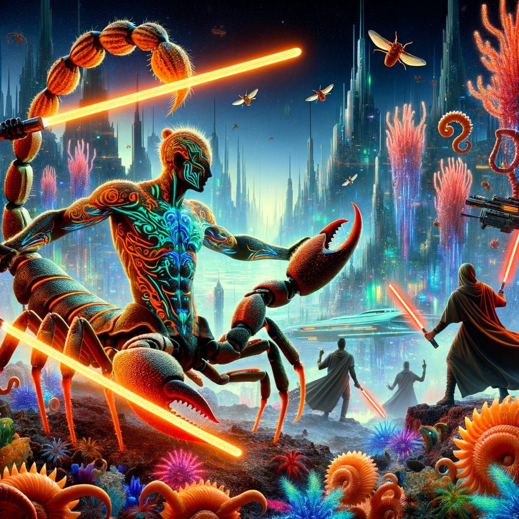 Scorpion-Humanoid Fights Cloaked Figures in Sci-Fi Metropoli...