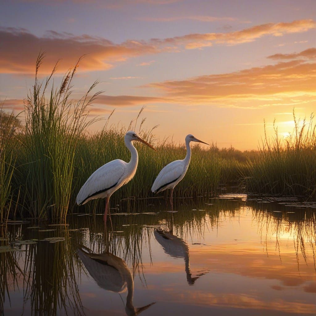 Elegant Storks in Golden Hour Marsh Landscape