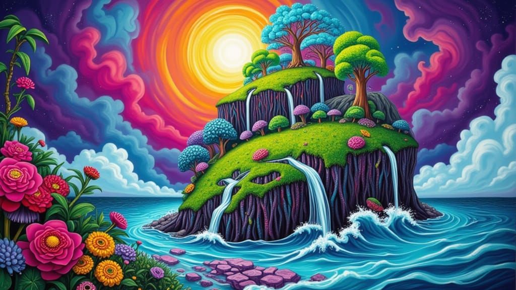 Surreal Being of Land and Sea in Vibrant Landscape