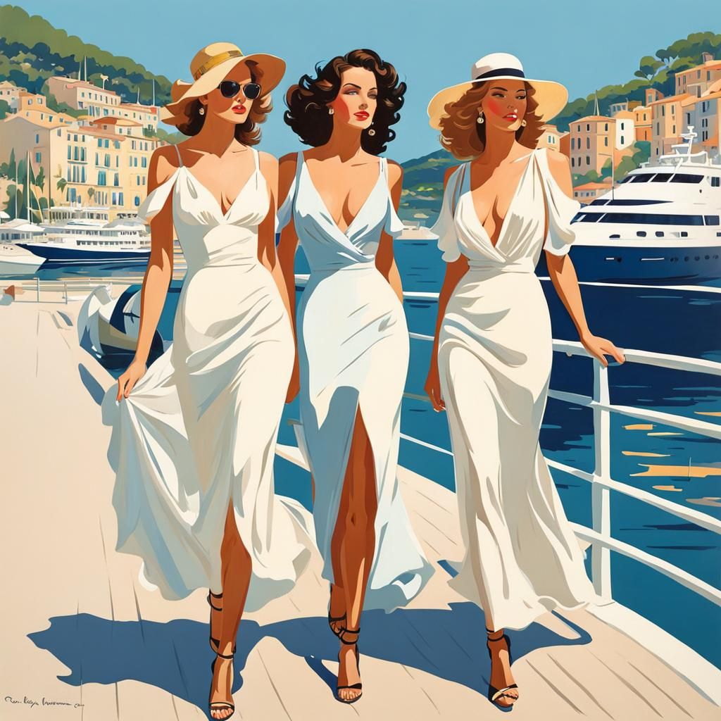 Vintage Illustration of Women on French Riviera
