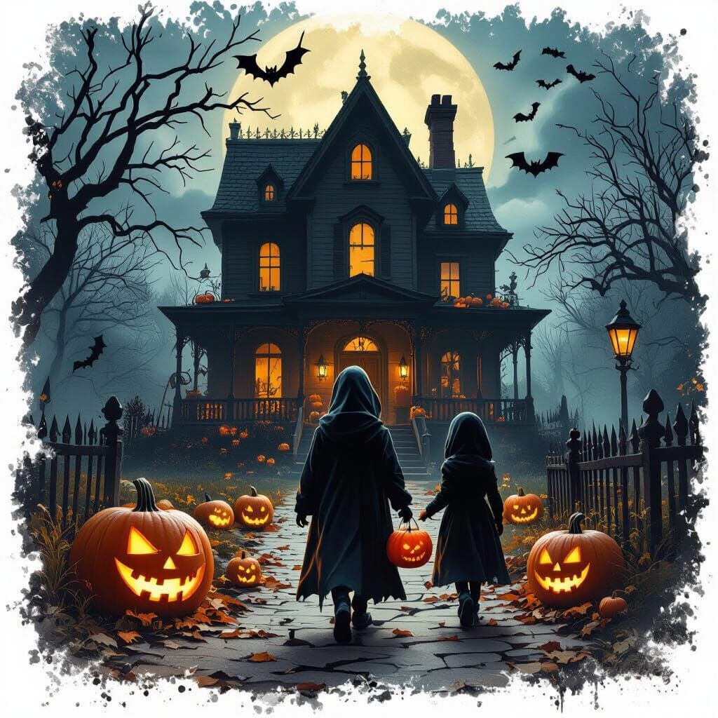 Spooky Halloween Night Trick-or-Treating Scene