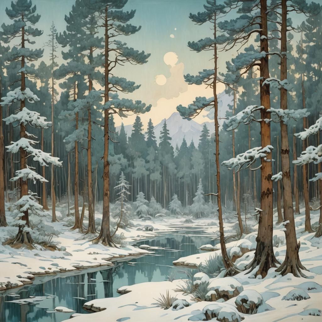 Winter Forest Landscape in Art Nouveau Style