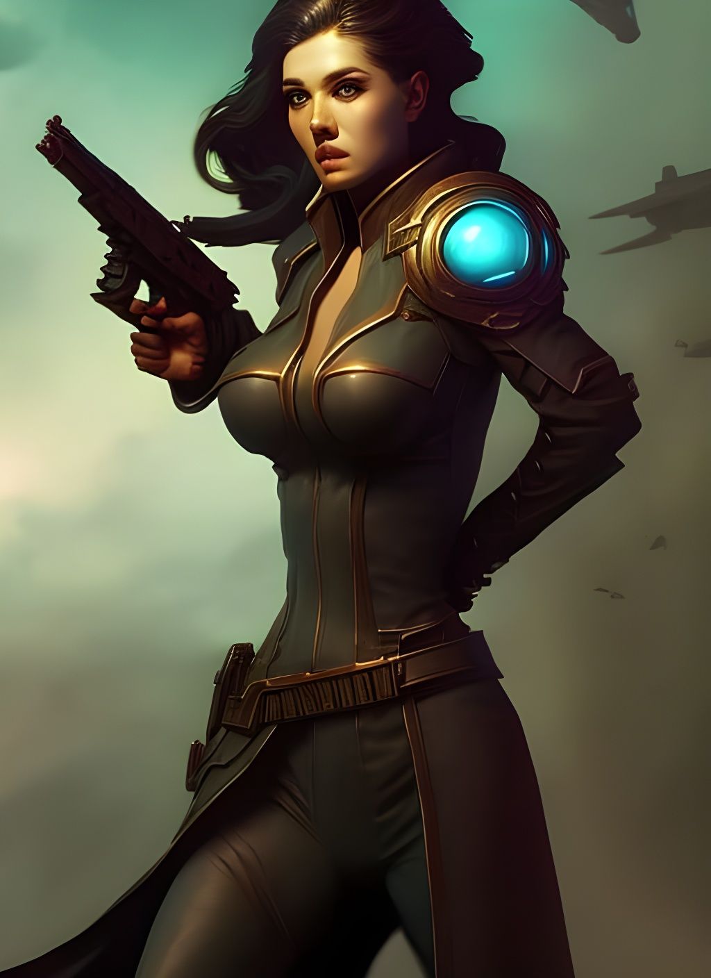 Sci-Fi Medusa with Starship, Detailed Digital Art