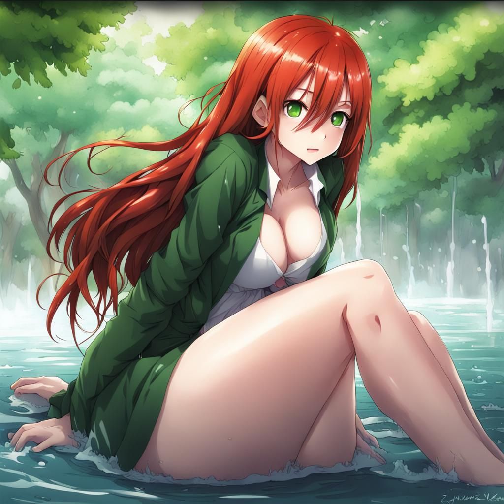 Anime Style Redhead with Green Eyes Kneeling