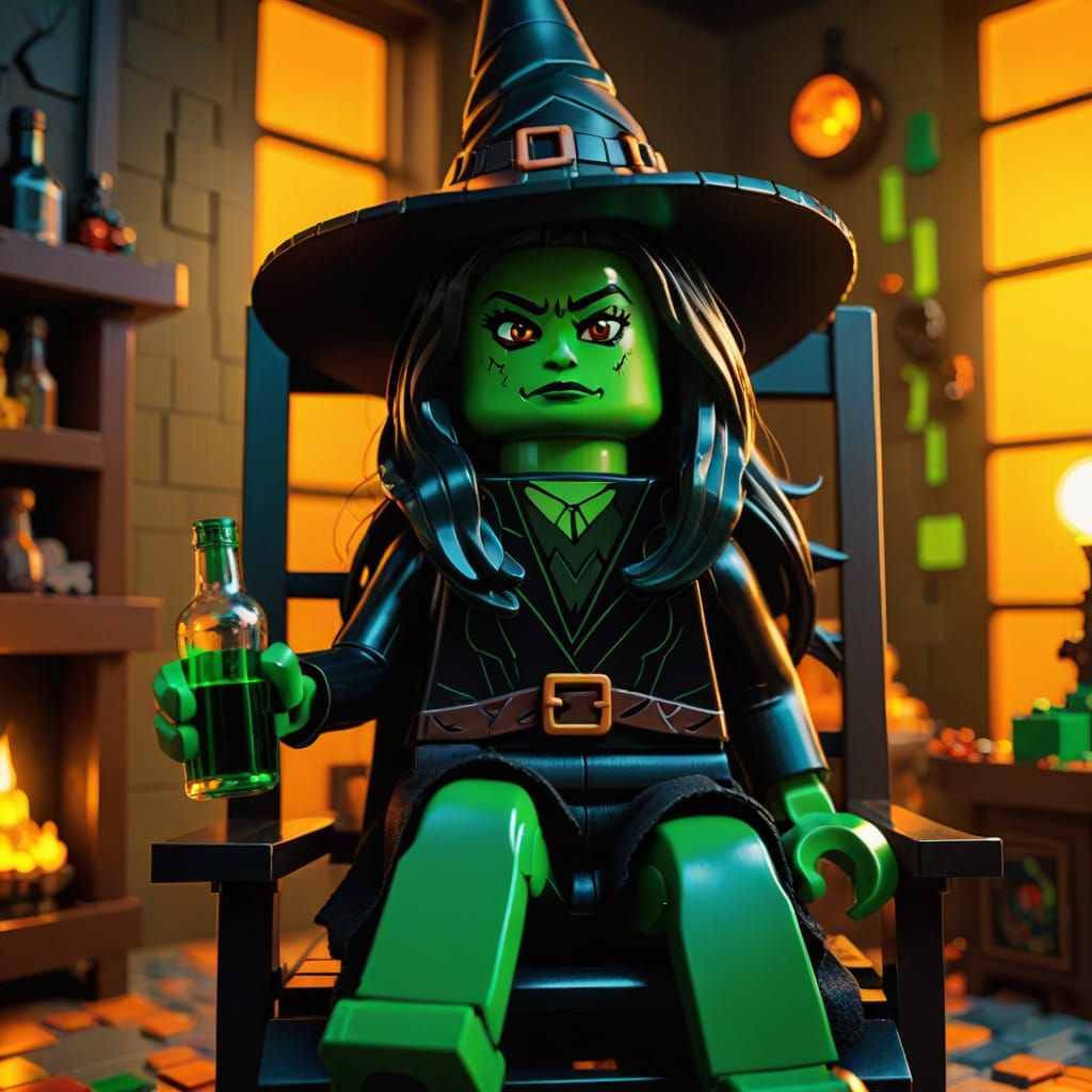 Drunken Green-Skinned Witch in Dark Fantasy Lego Room