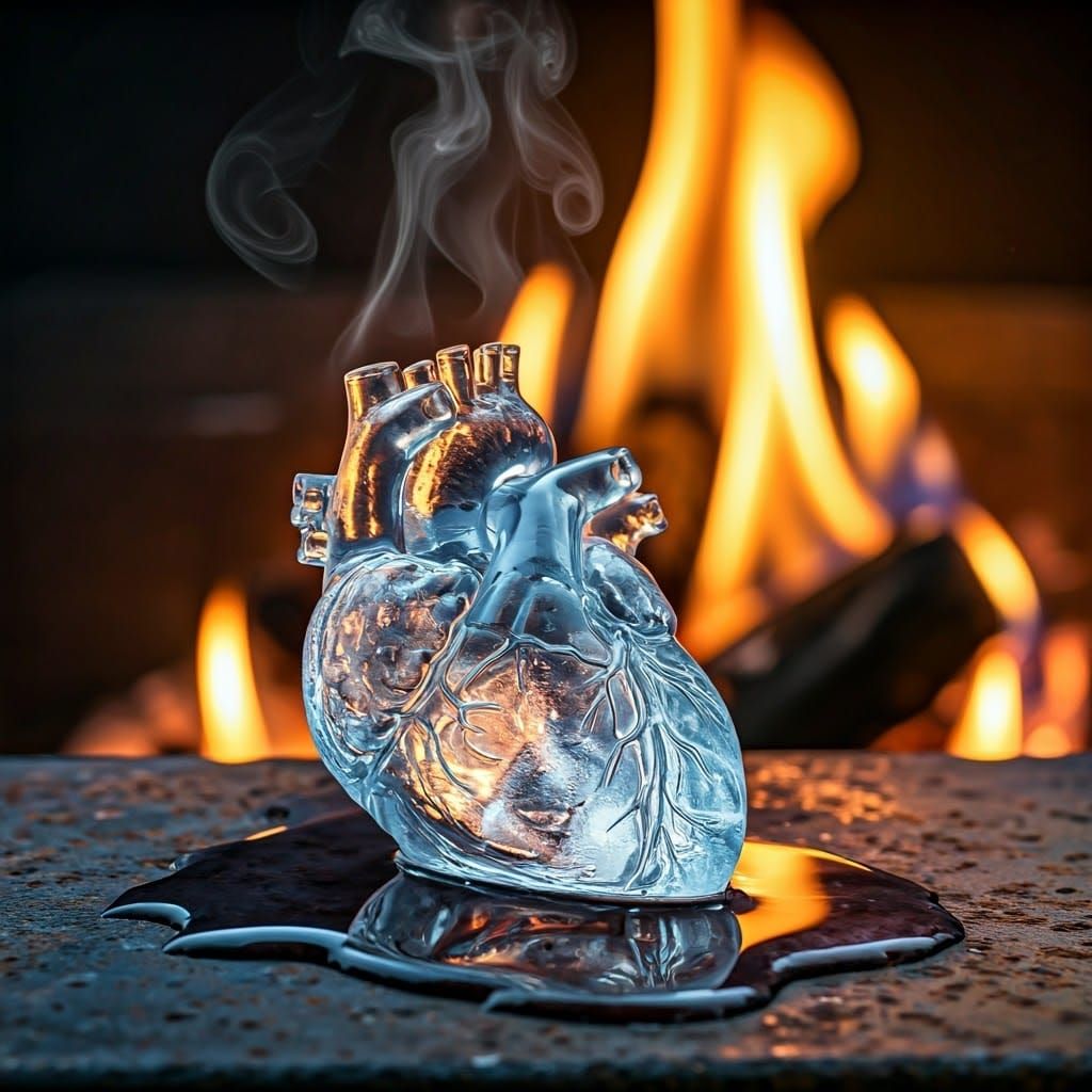 Melting Ice Heart Sculpture on Fire