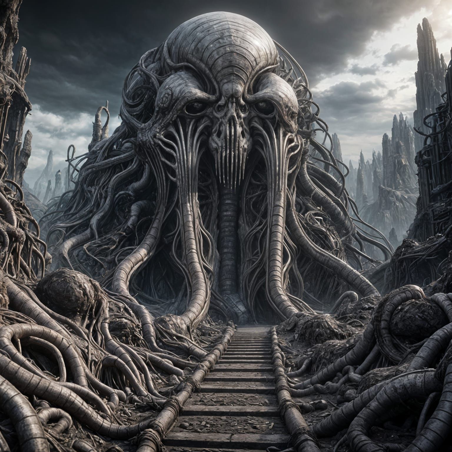 Giger-esque Biomechanoid Mountain Fortress