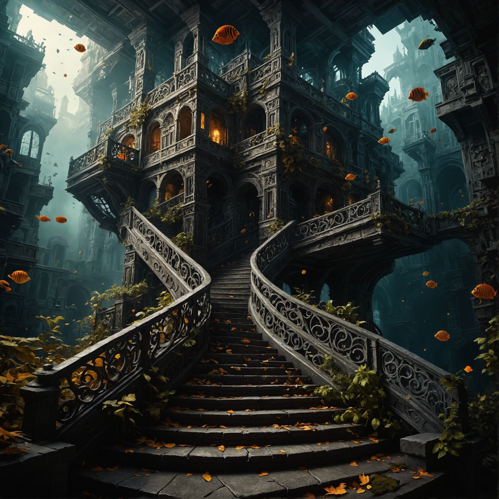 Escherian Stairway to Hypnosis Studio in Dystopian Style