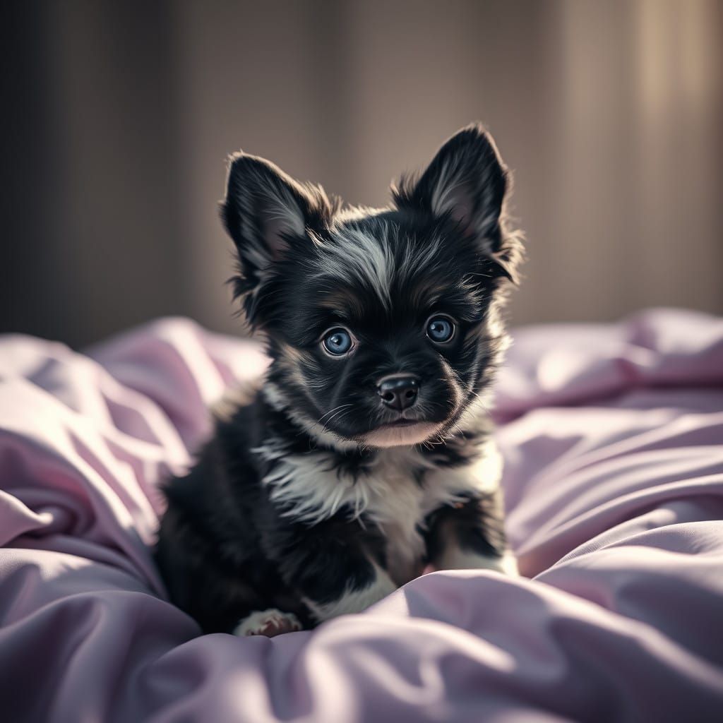 Charming Black and White Fluffy Puppy with Bright Blue Eyes