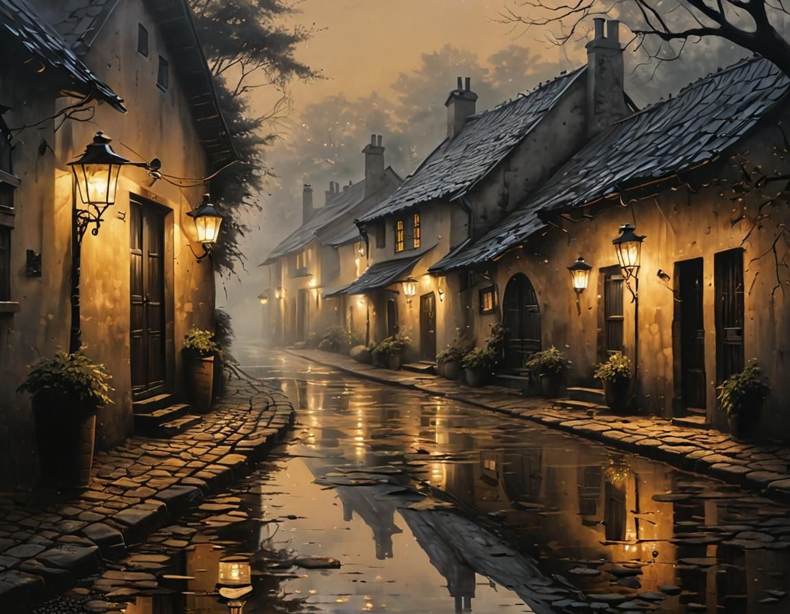 Ethereal Sunrise in a Rustic Village Alley