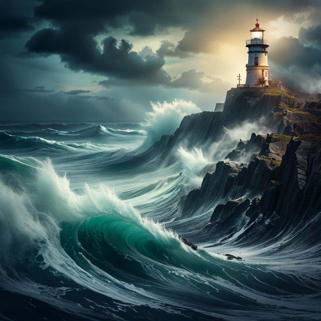Stormy Lighthouse Fantasy in Triadic Colors