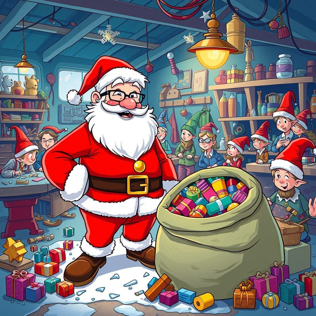 Surreal Cartoon Santa Claus Scene in Whimsical Style