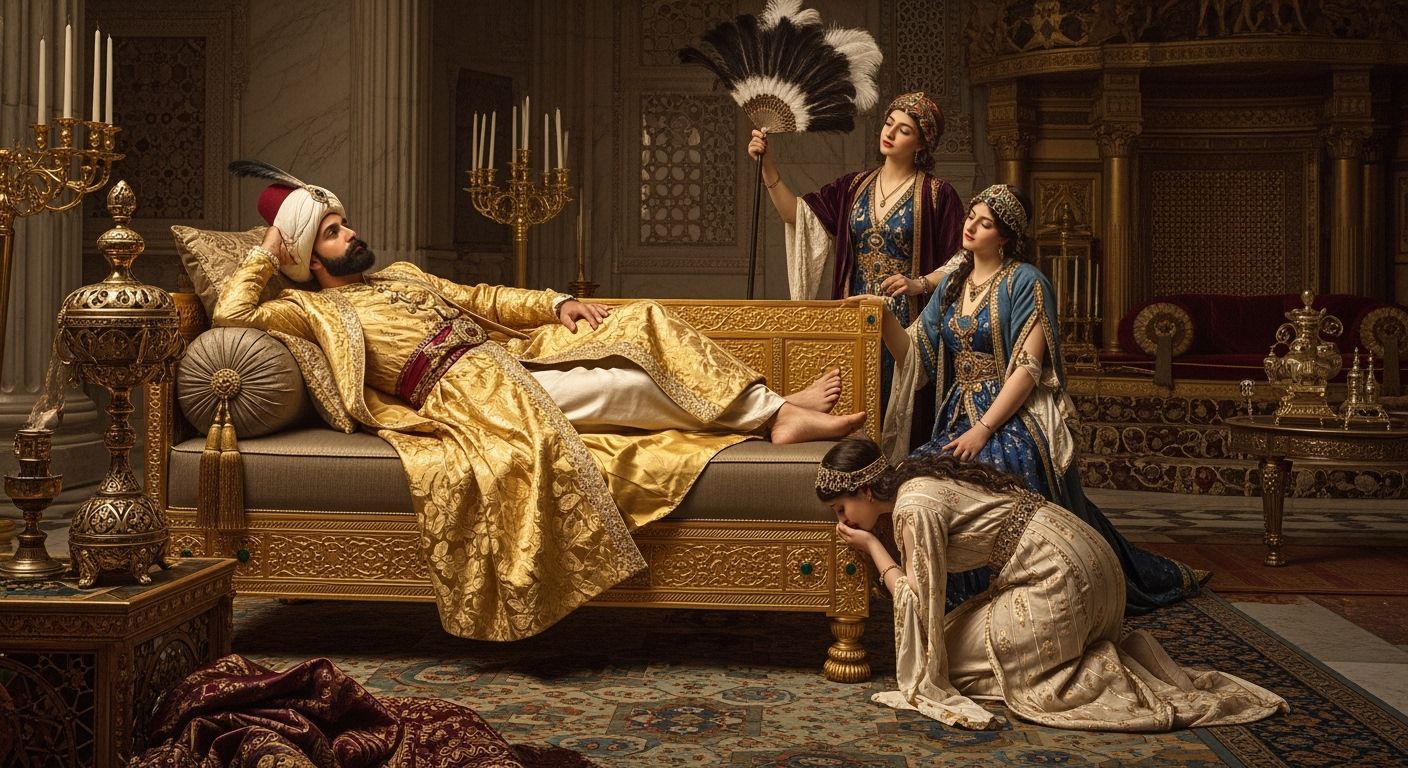 Ottoman Sultan in Opulent Throne Room, Photorealistic Style