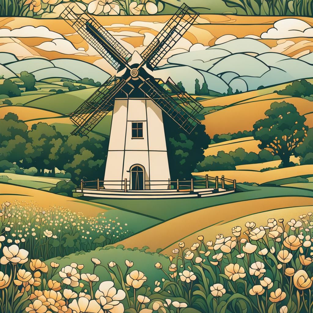 Art Nouveau Windmill in a Floral Landscape