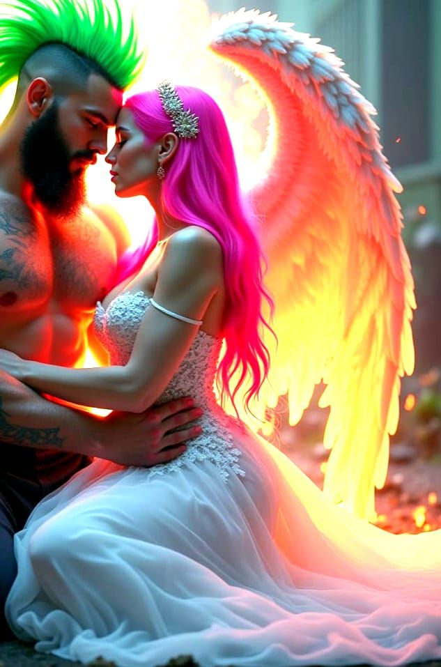 Intimate Angel Couple Surrounded by Vibrant Flames