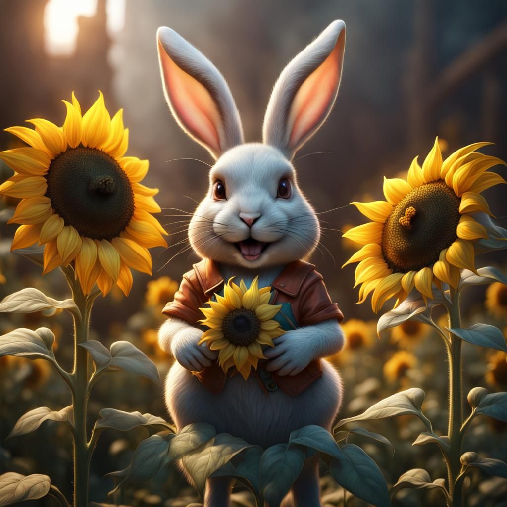 Bunny Holding Sunflower: Detailed Matte Painting