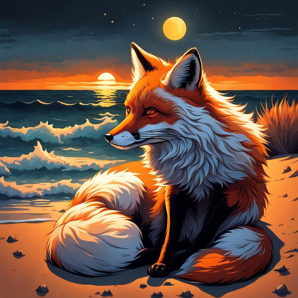 Fox Enjoys a Beach Sunset in Fantasy Style