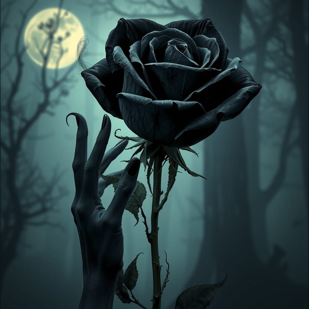 Mystical Black Rose in Moonlit Forest