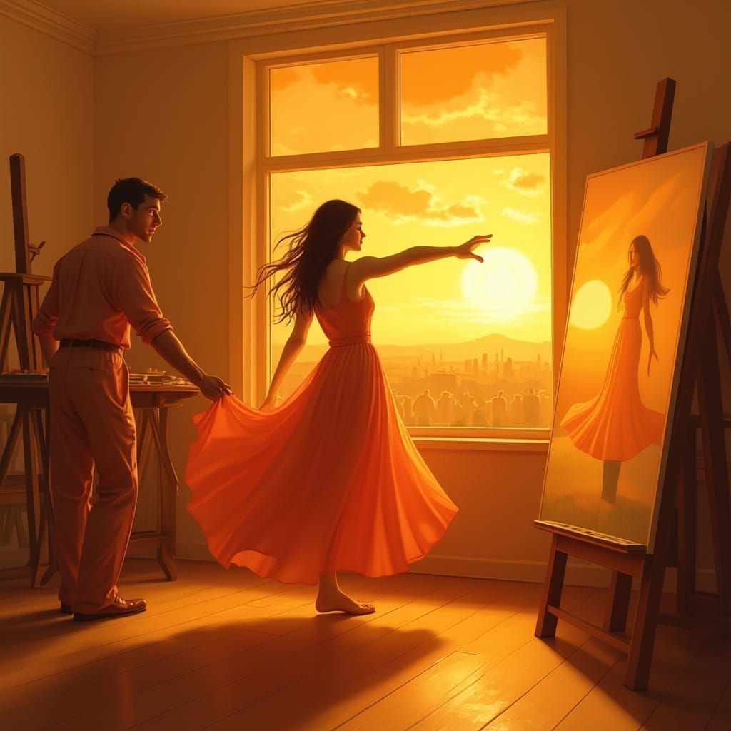 Girl in Orange Dress Dancing in Golden Hour Sunset