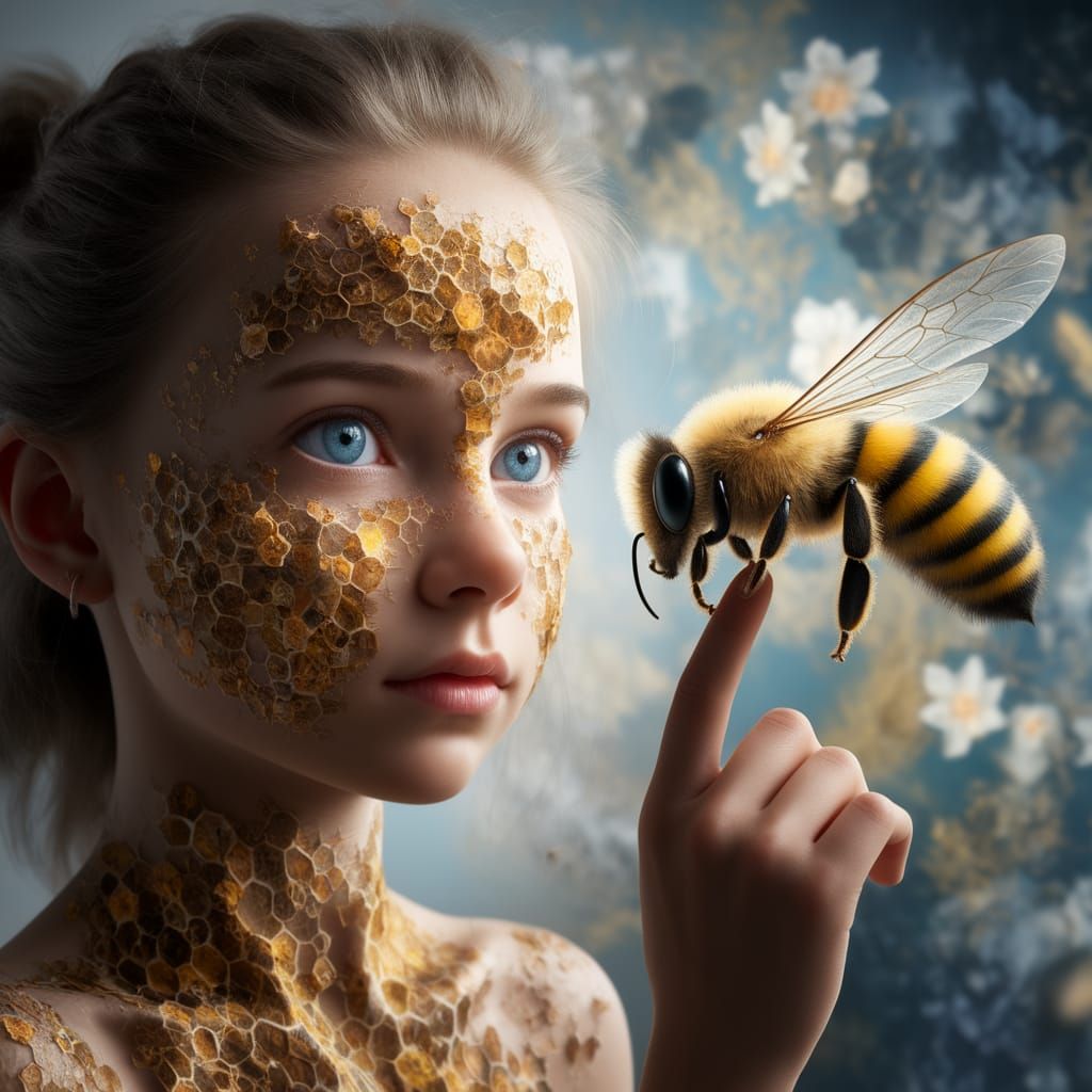 Portrait of a Girl with Fractal Honeycomb Tattoos and a Hone...