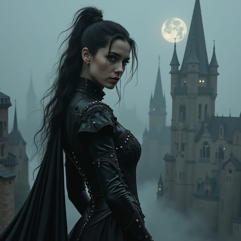 Gothic Heroine in Dark Fantasy Cityscape