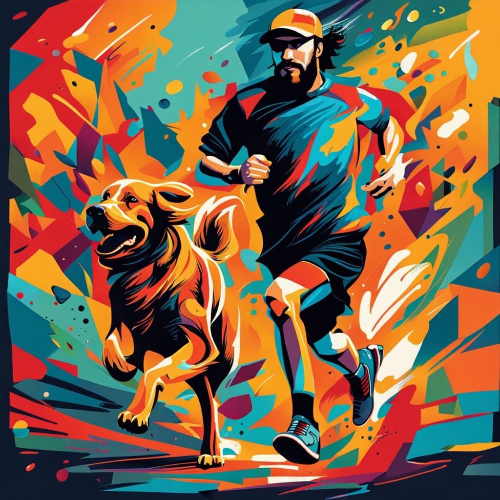Jon Wick and Dog Run Marathon in Abstract Art Style