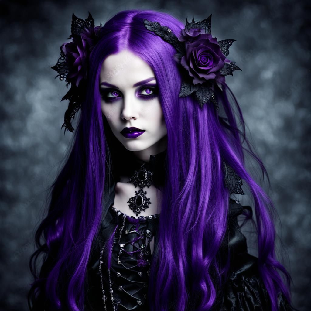 Gothic Woman with Flowing Purple Hair Portrait
