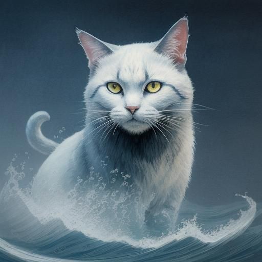 Samurai Cat Slices Water: Ukiyo-e Woodcut