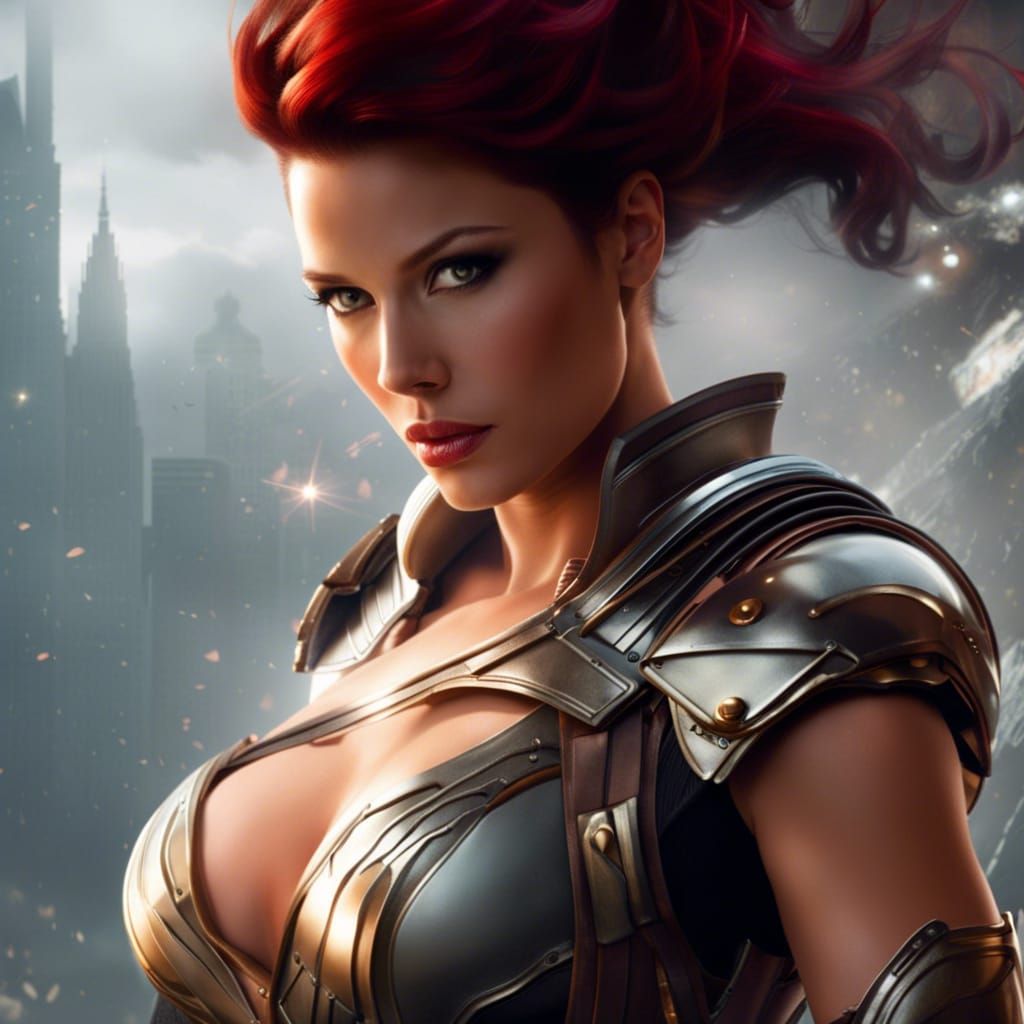 Voluptuous Red-Haired Superheroine in Dark Sci-Fi War Zone