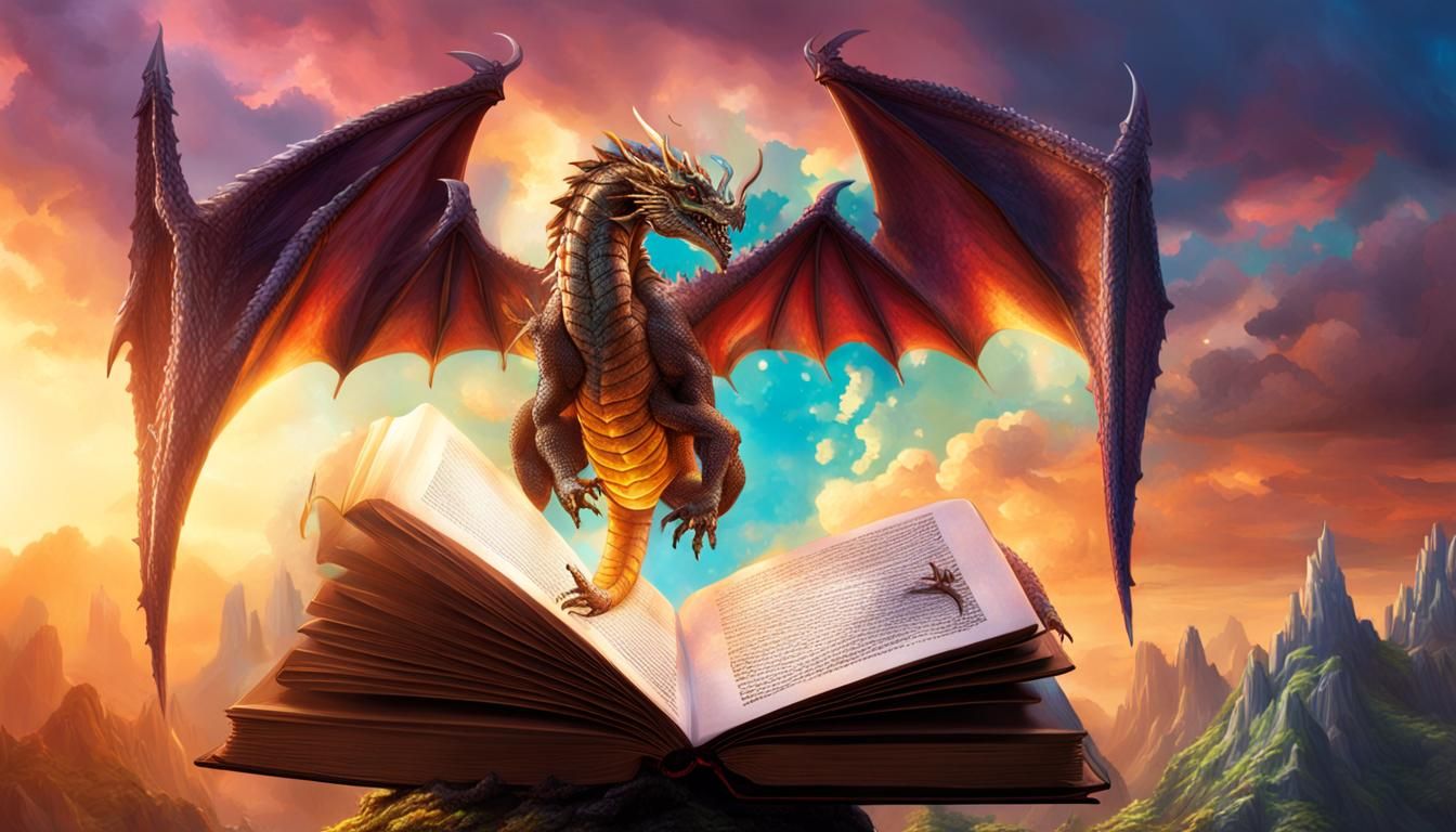 Hyperrealistic Dragon with Book, Detailed Digital Art