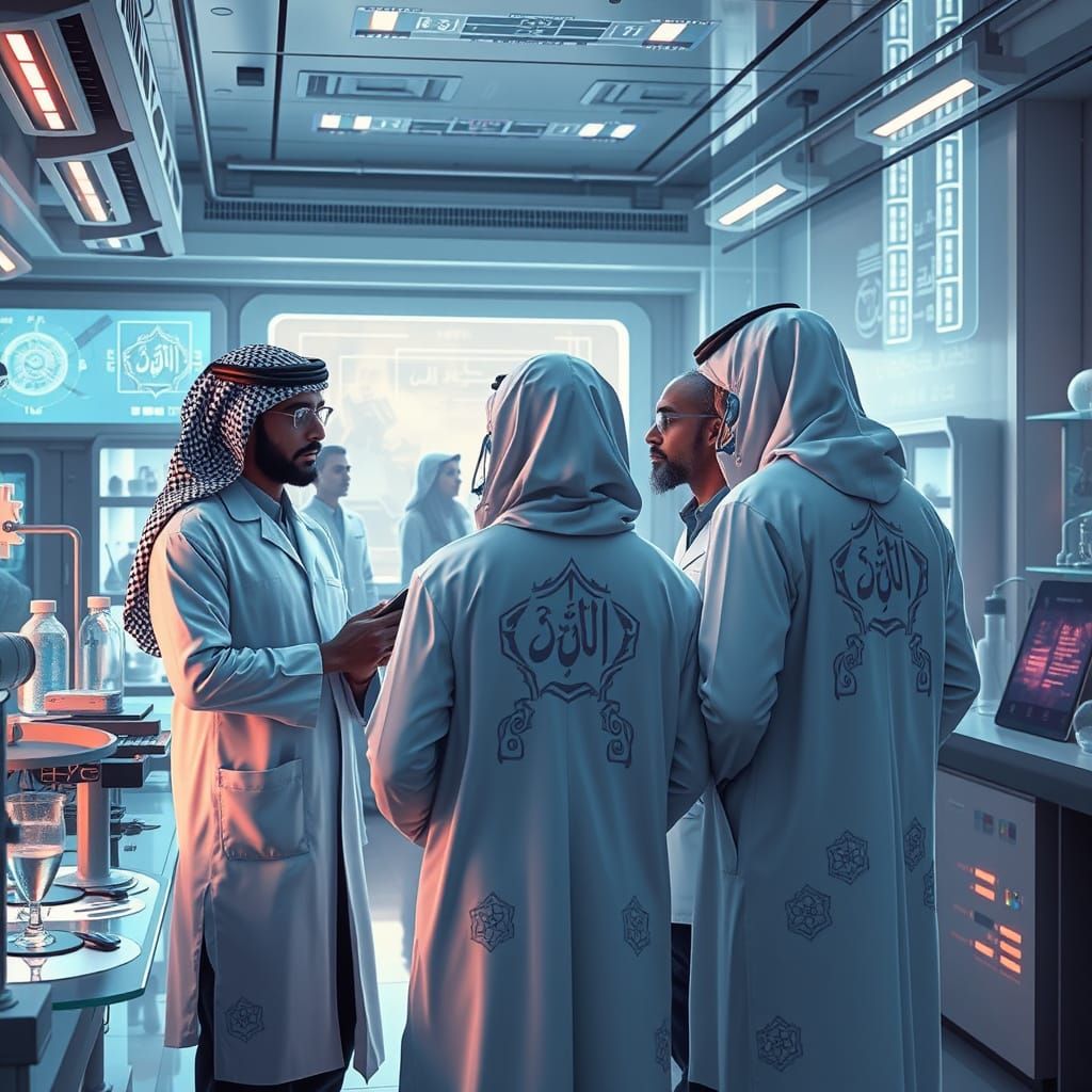 Futuristic Arab Scientists in a Cyberpunk Laboratory