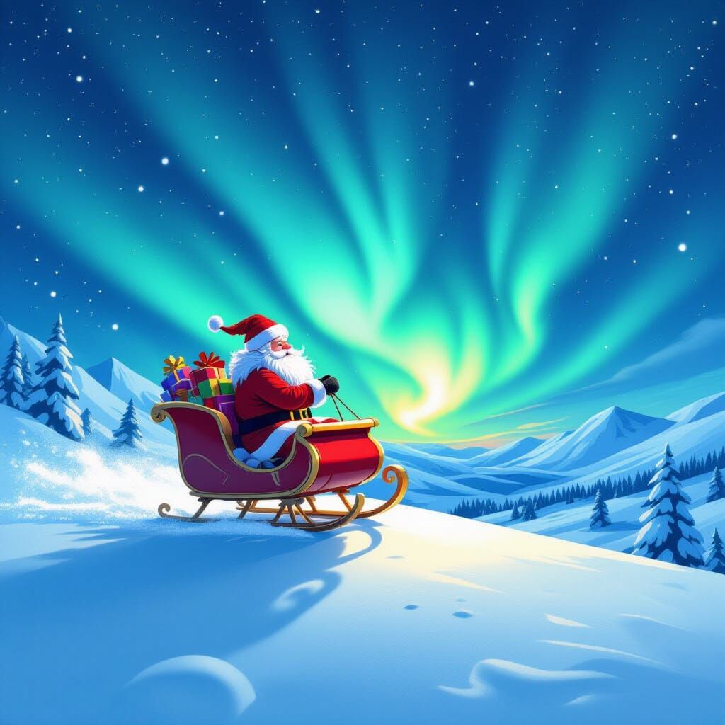 Santa Claws Soars Under Aurora Sky in Comic Art Style