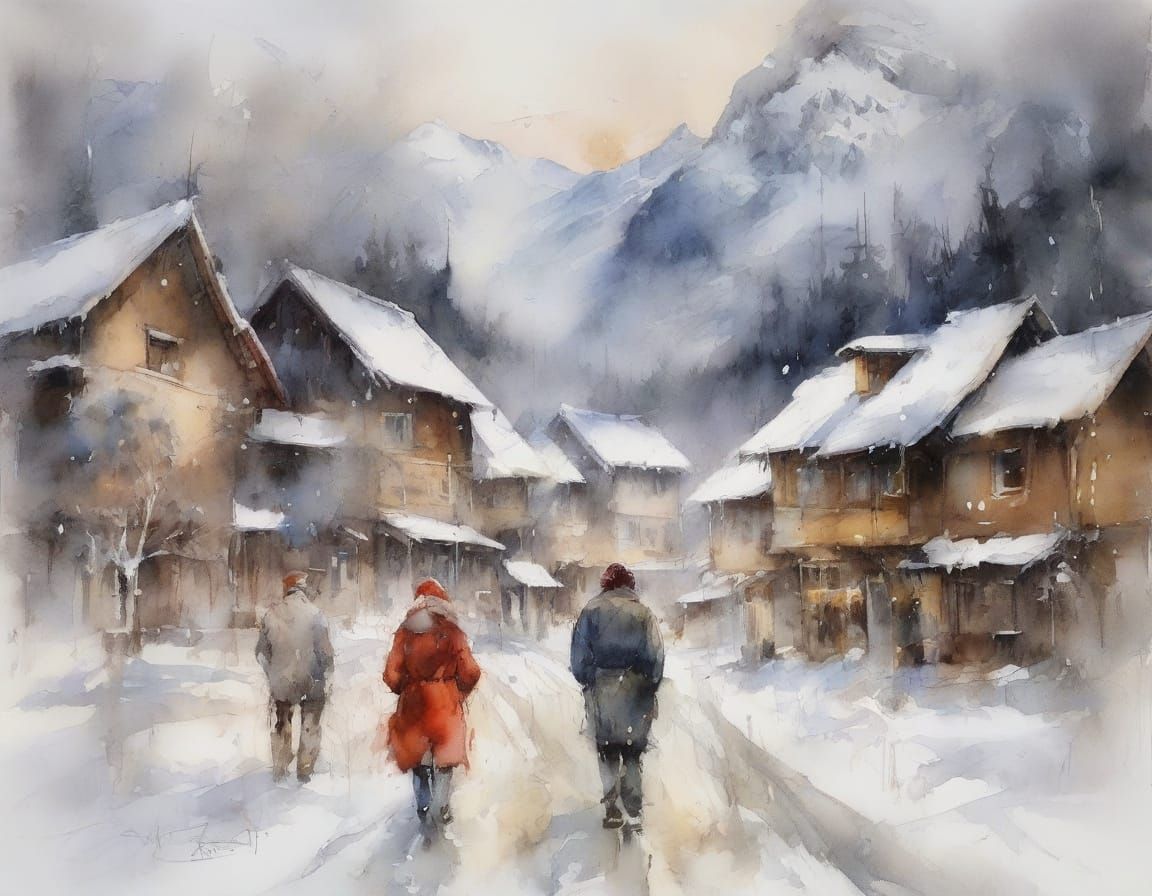 Ethereal Watercolour Alpine Village in Cinematic Style