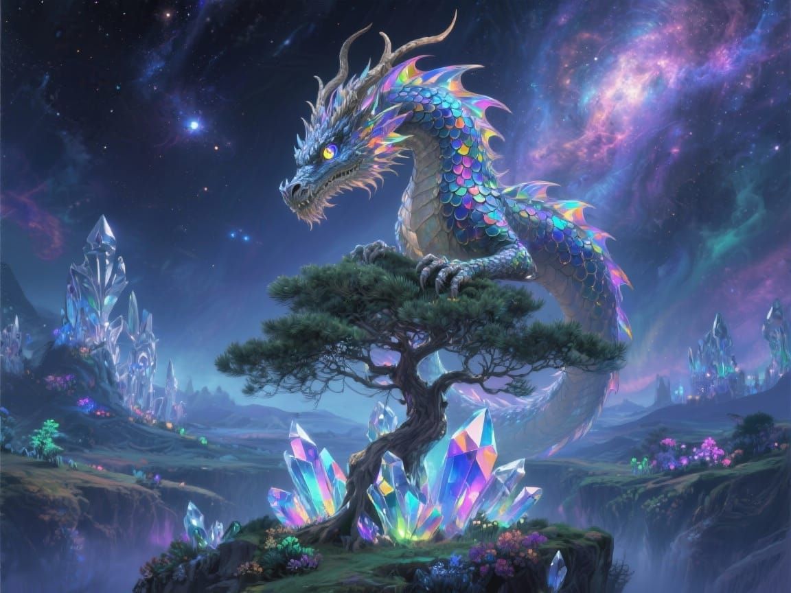 Majestic Crystal Dragon on Glowing Pine Tree