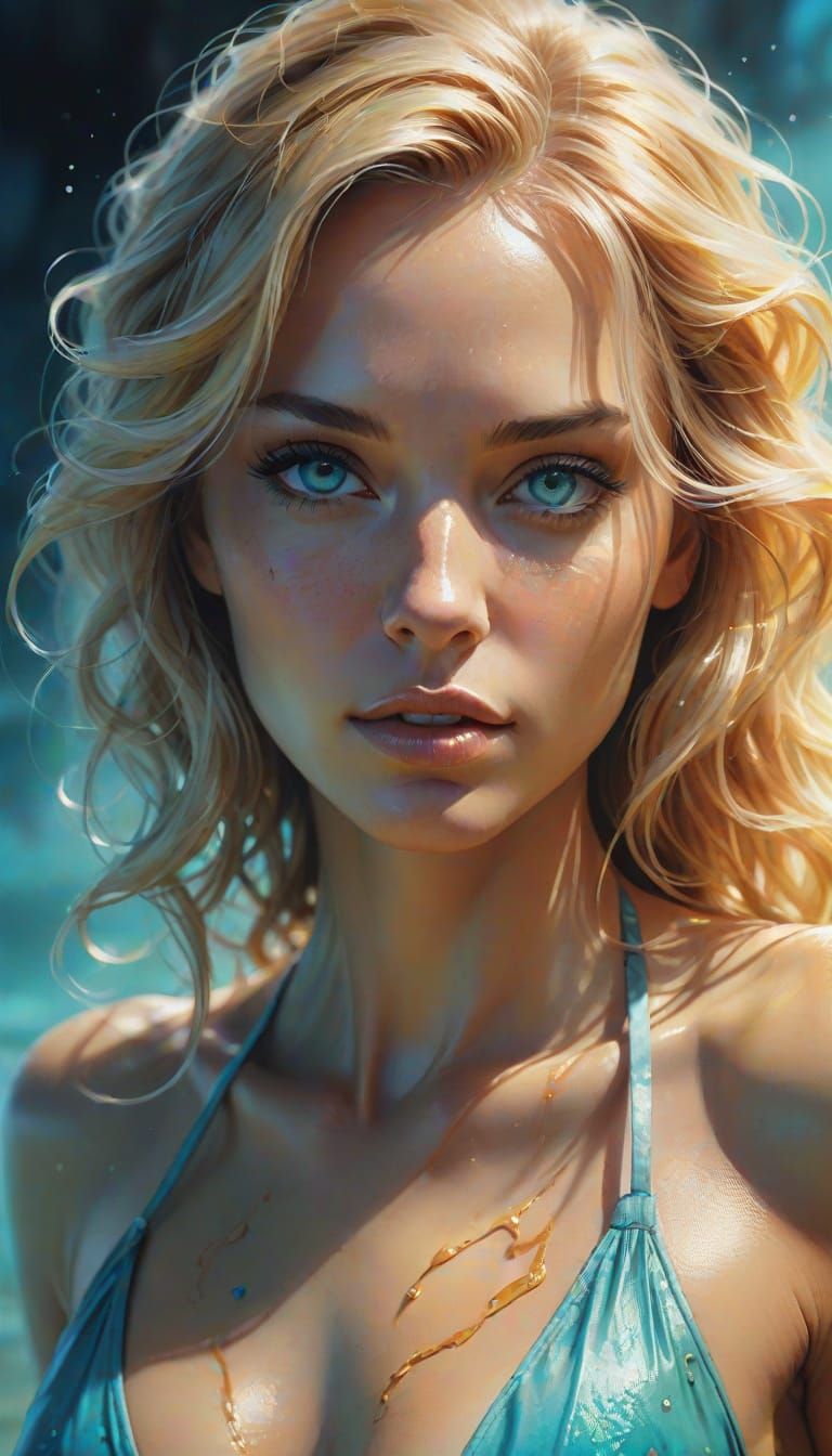 Woman in Bikini, Watercolor Body Painting, Vivid Digital Art