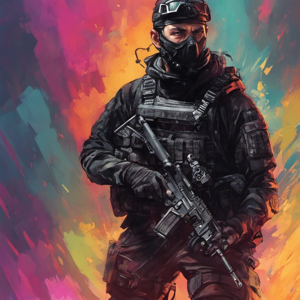 Tactical Gear Man in Hyperrealistic Splash Art Style