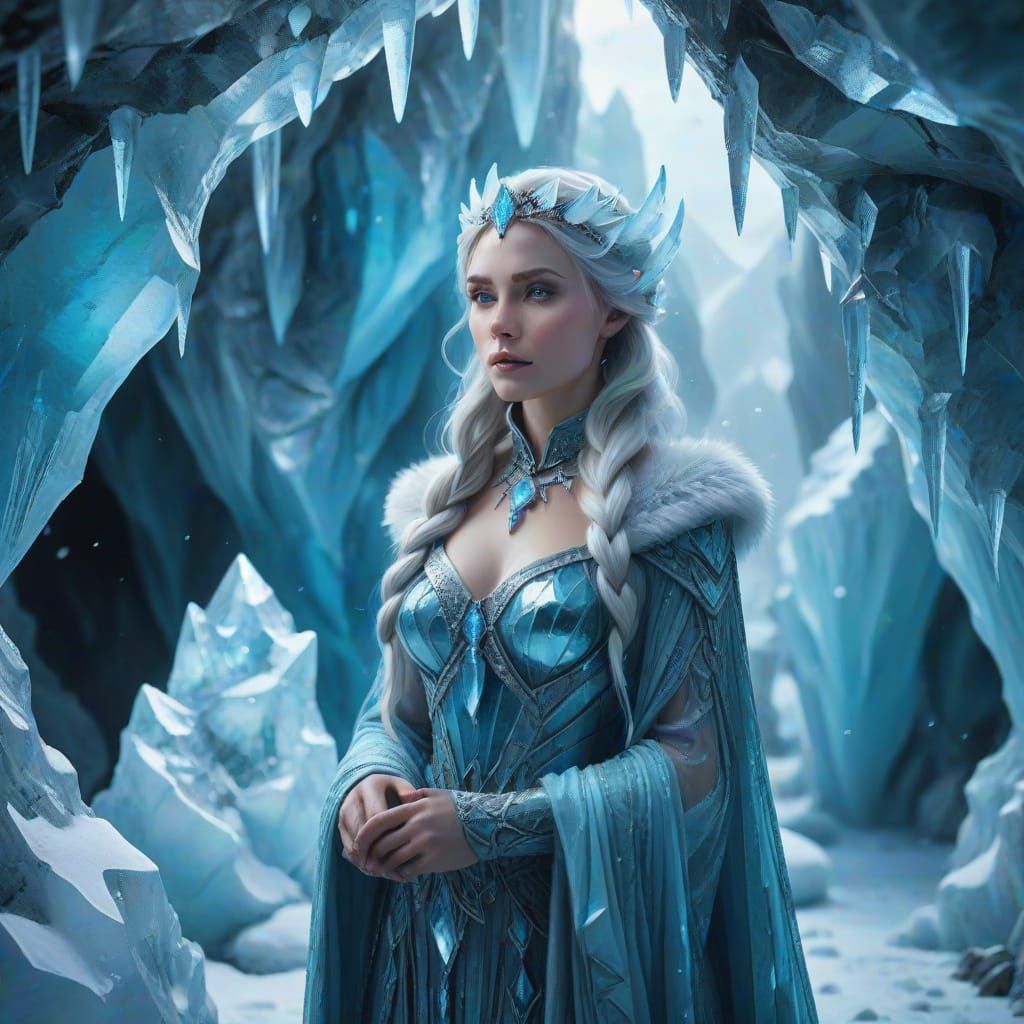 Ice Sorceress in Crystal Cave: Fantasy Oil Painting