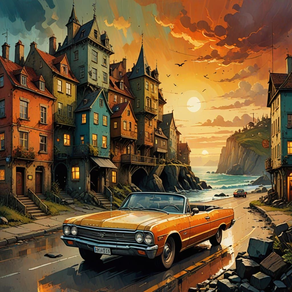 Convertible at Sunset: A Gouache Impressionist Masterpiece