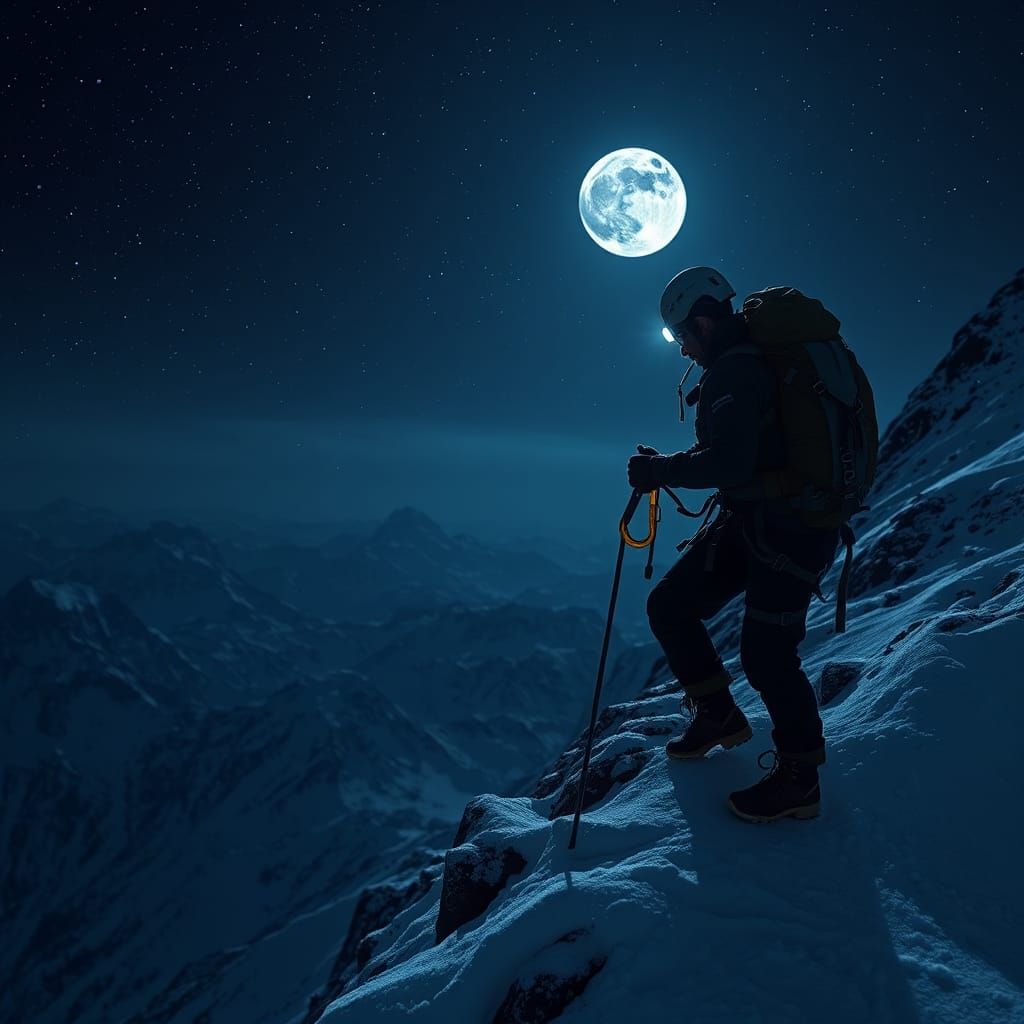 Night Climber Ascends Snowy Peak in Hyperrealistic Style