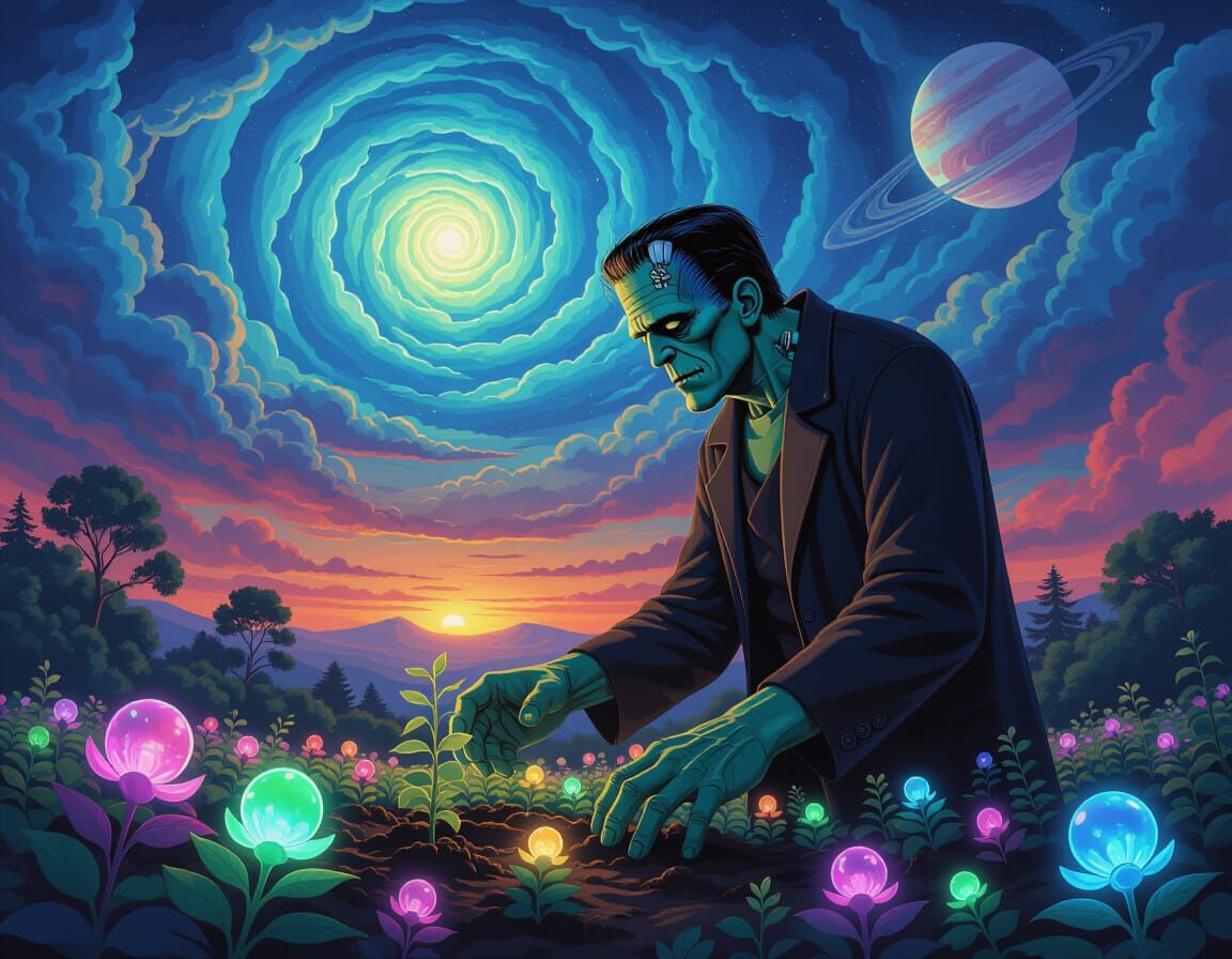 Frankenstein's Monster Tends Alien Garden Under Cosmic Sky