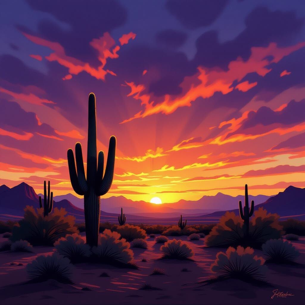 Dramatic Desert Dusk Sky with Saguaro Cactus