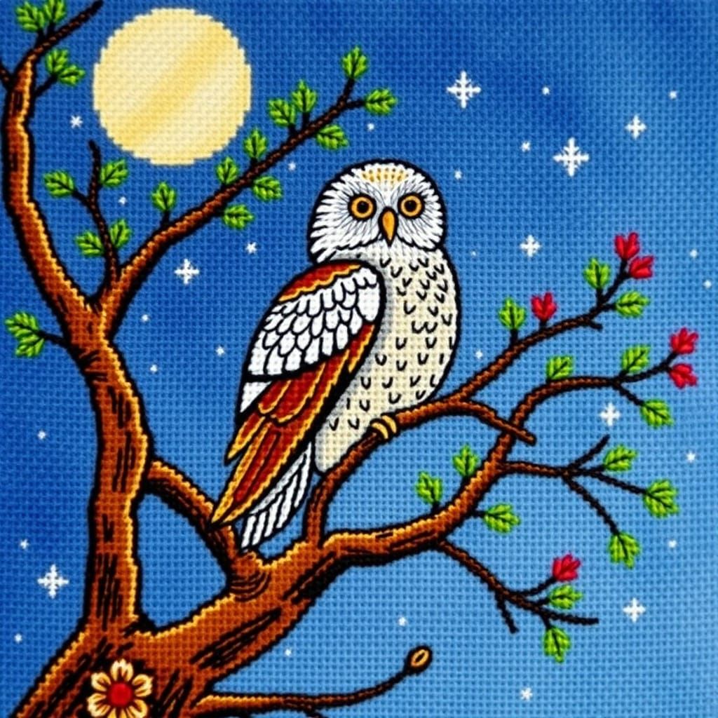 Whimsical European Eagle-Owl in Branch Tree Under Moonlit St...