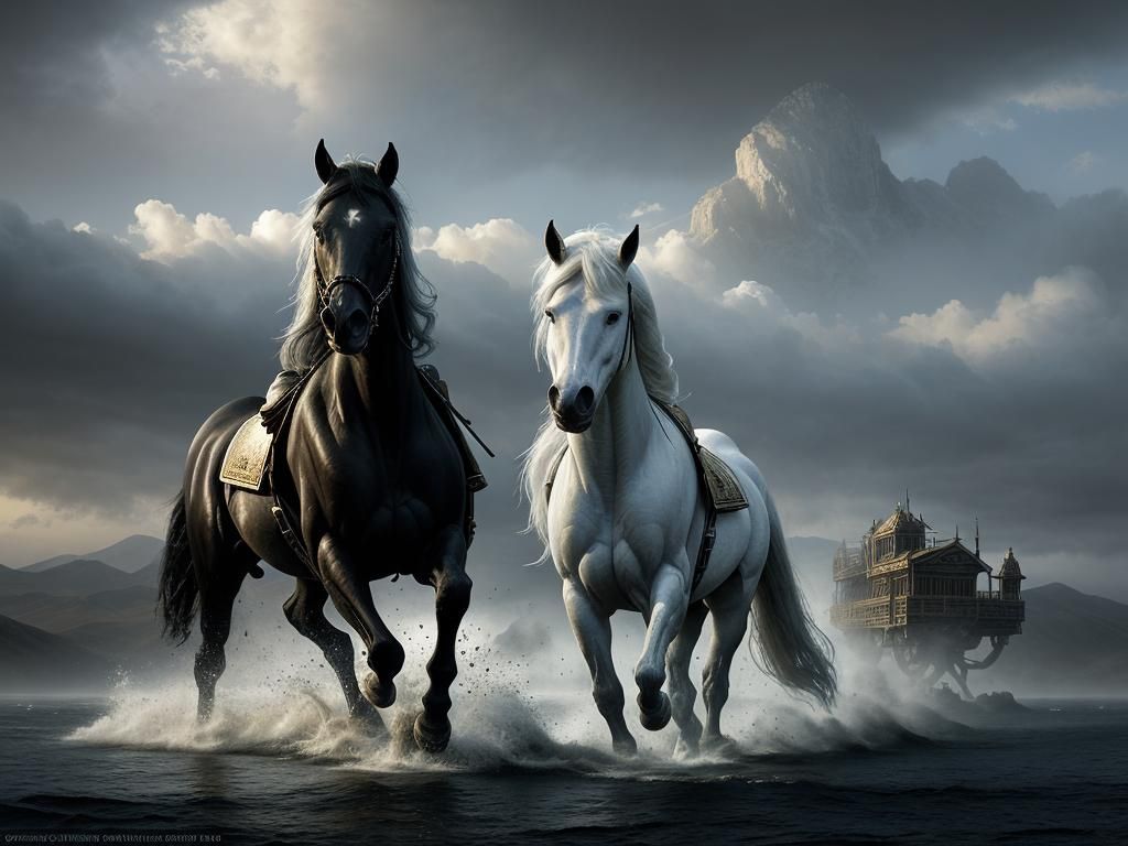 Dramatic Painting of White and Black Horses