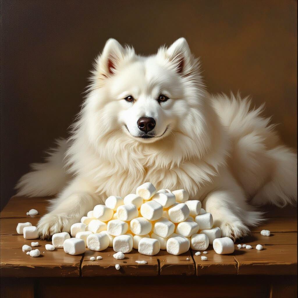 Samoyed Dog and Melting Marshmallows in Golden Hour Light