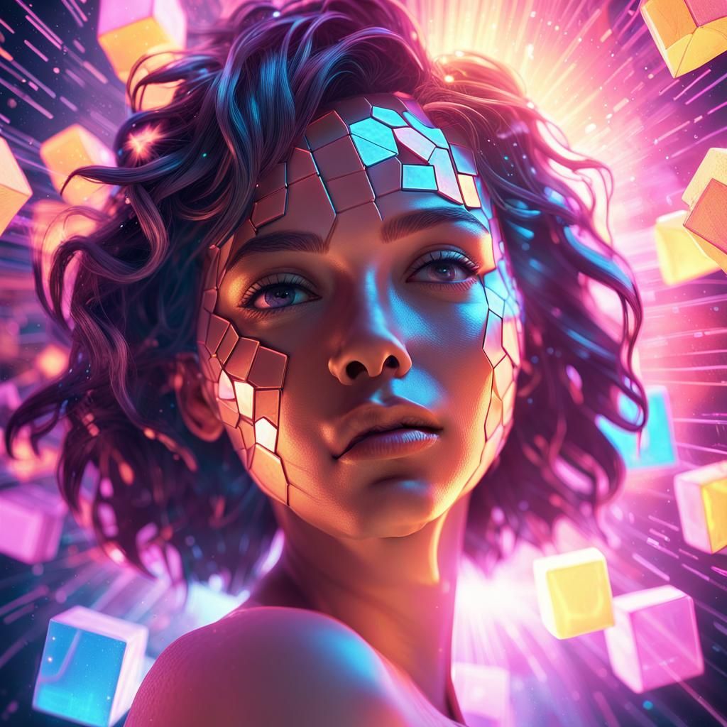 Surreal Portrait: Woman Merging with Neon Cubes