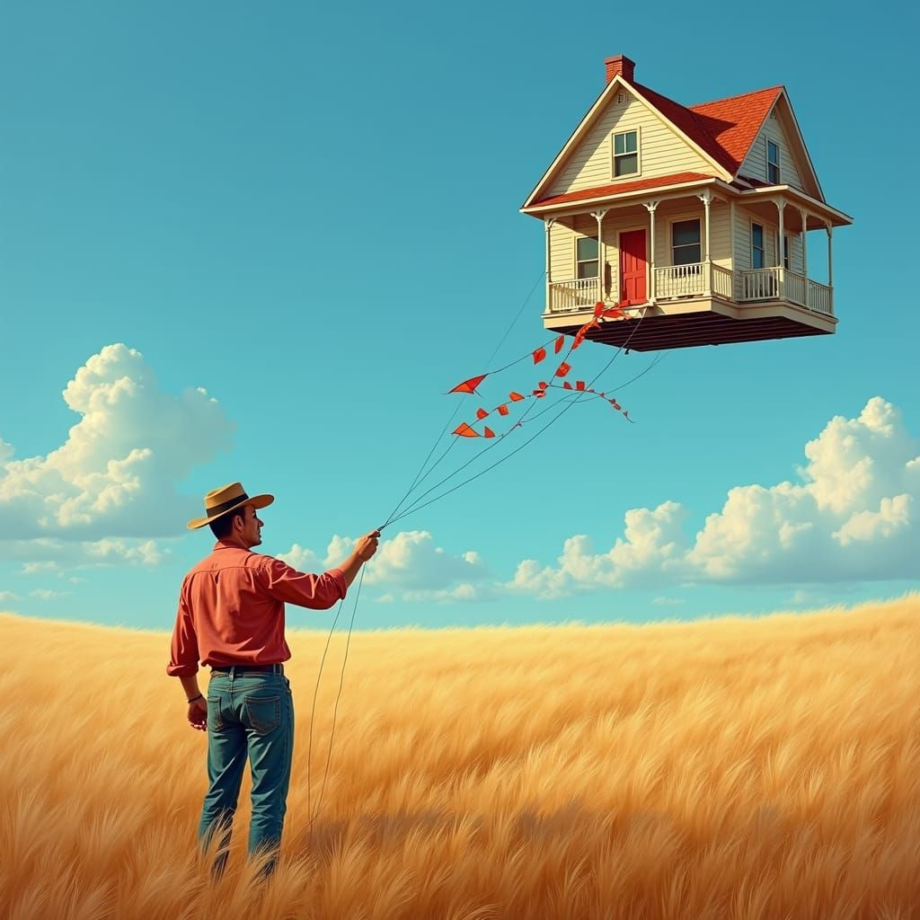 Man with Kite Flying Antebellum House, Hyperrealistic Impast...