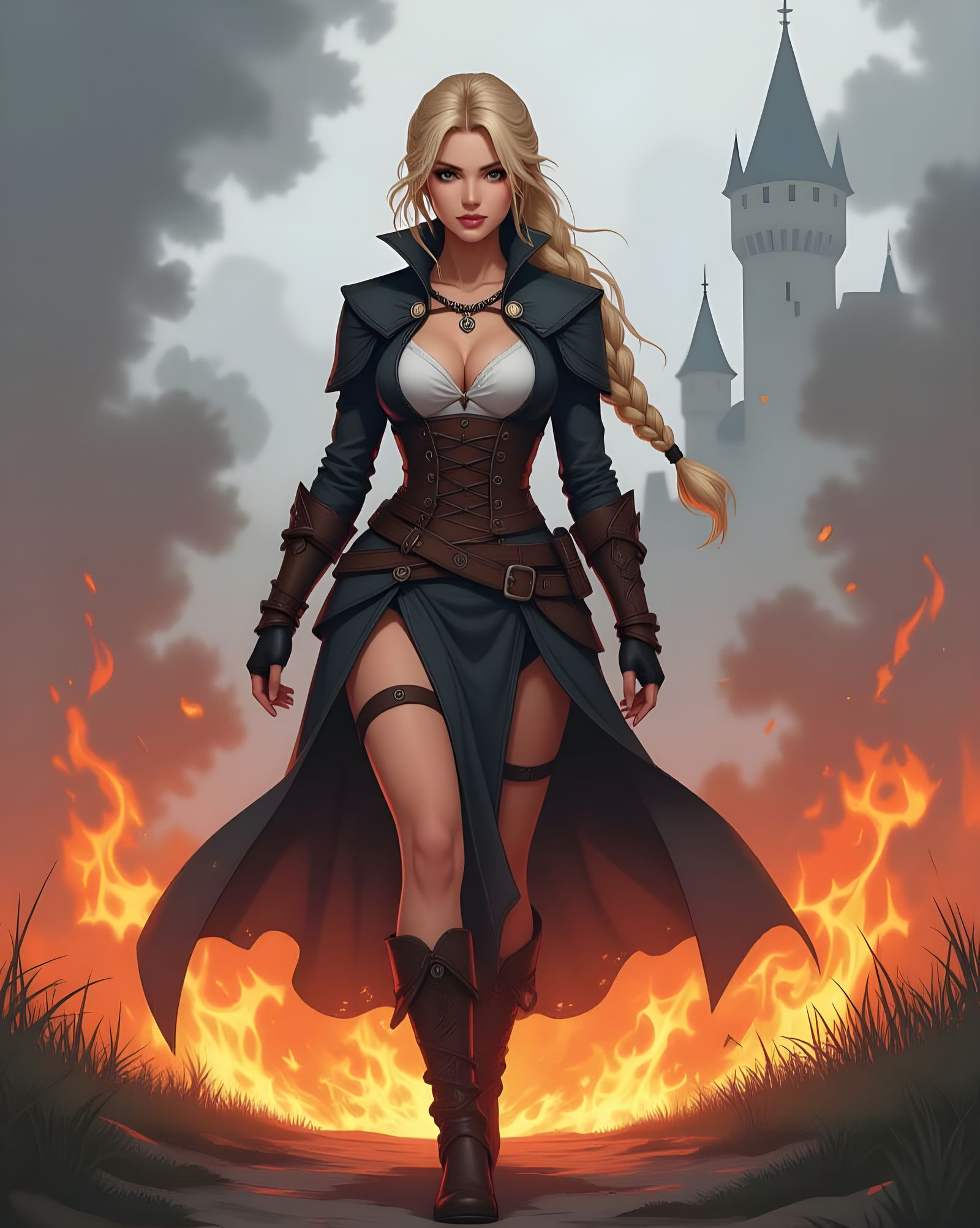 Elegant Fantasy Woman Emerges from Fire: Ink Art