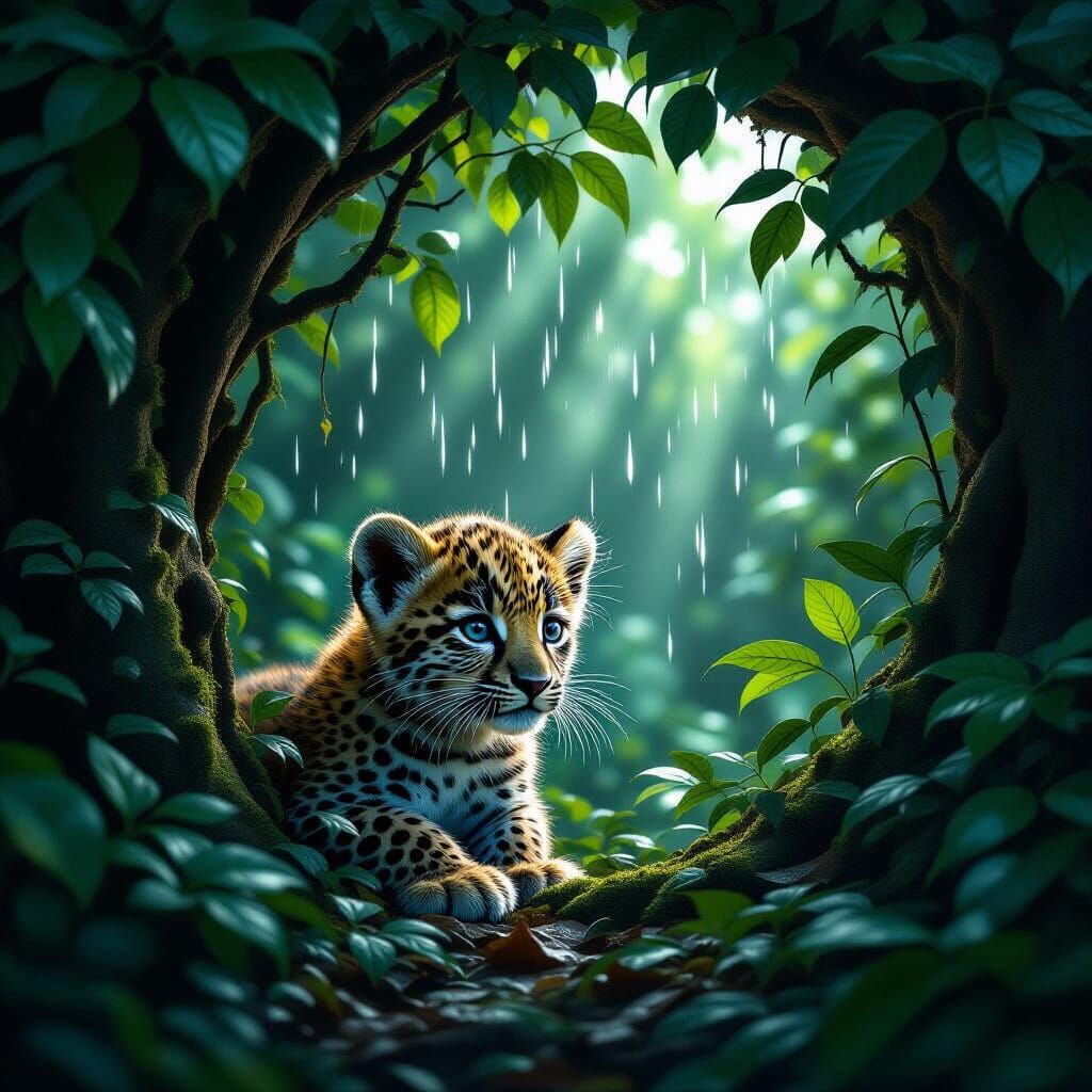 Leopard Cub Hiding in Lush Tree Grotto, Cinematic Matte Pain...