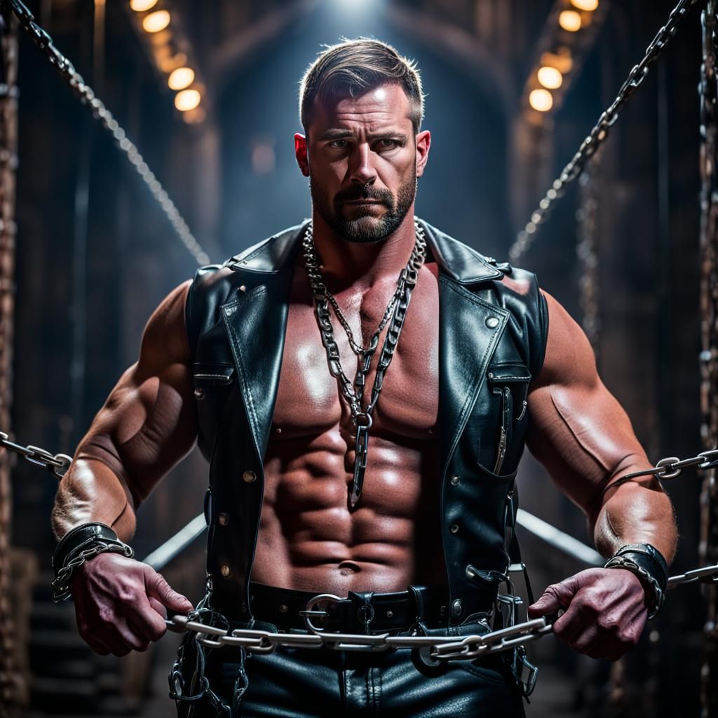 Leatherman in Dungeon with Chains: Professional Photography